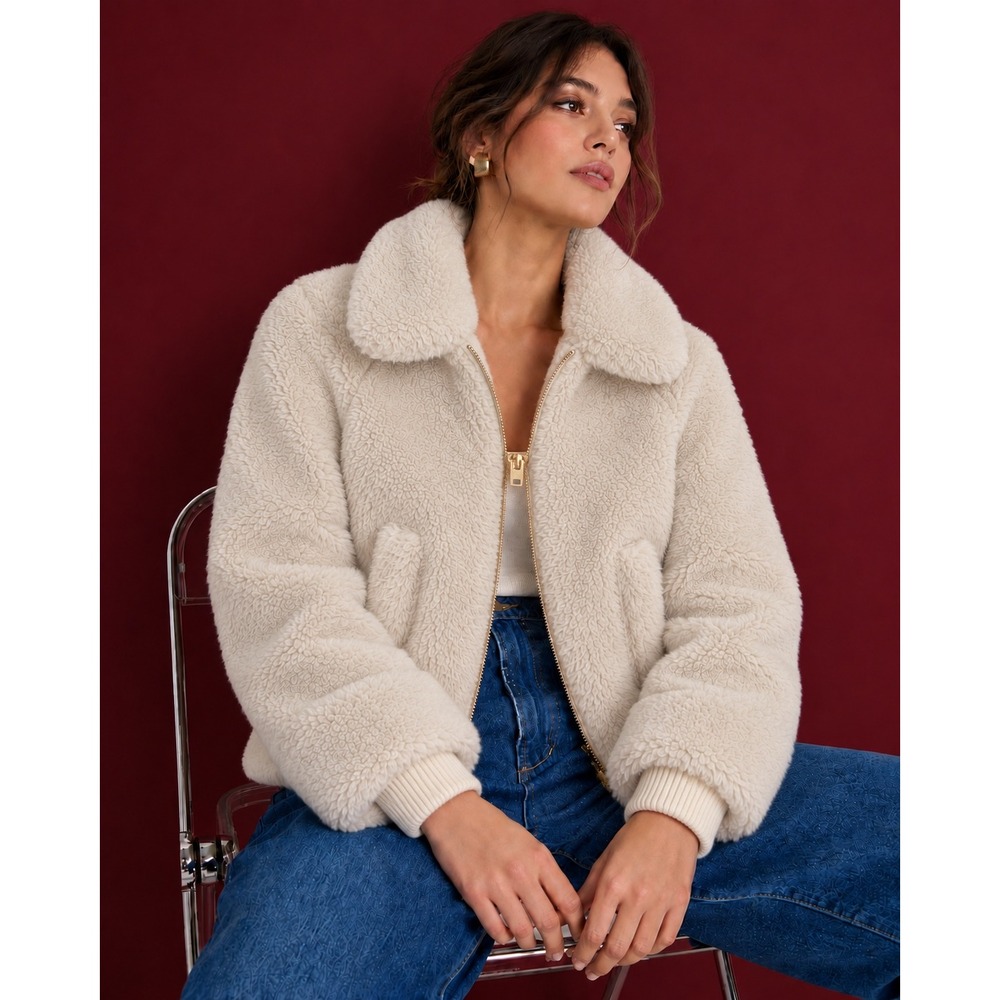 J.Crew Womens Faux Fur Teddy Zip Jacket Ivory Cream Collared XS